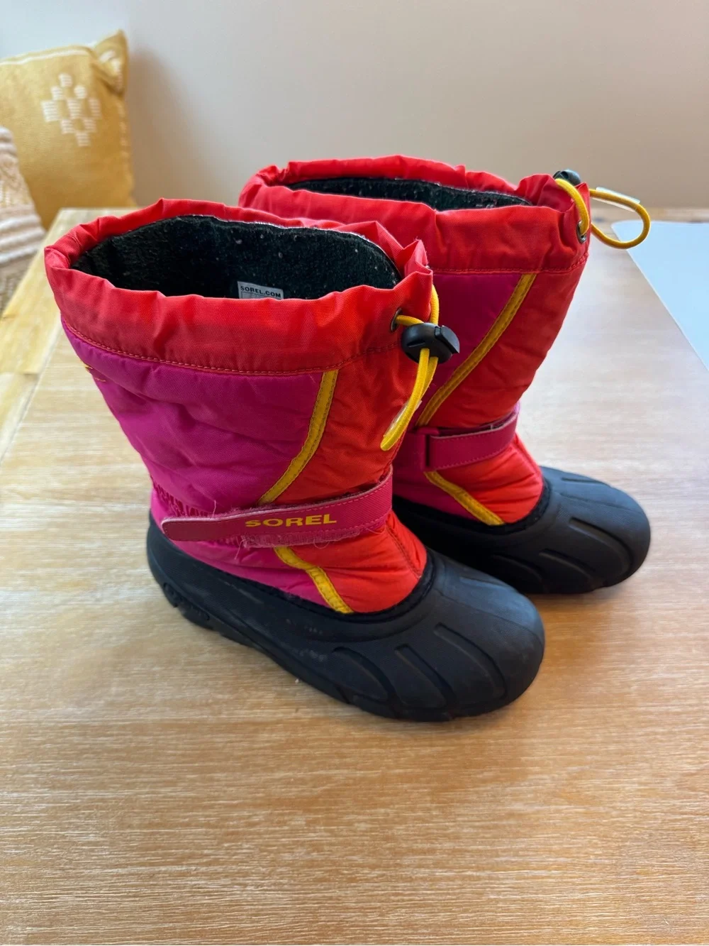 Sorel Pink and Red Kids Winter Boots with Yellow Trim